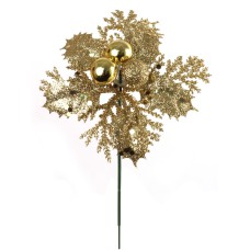 Gold Glittered Wreath Pick With Berries, Holly Leaves, and Cedar. (Lot of 12 Picks) SALE ITEM